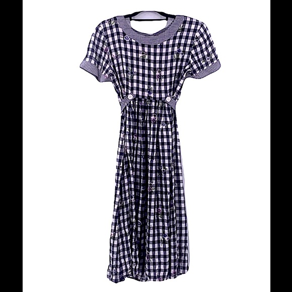 Vintage Dresses & Skirts - Vintage 90s gingham black checkered maxi dress size 8 USA made floral